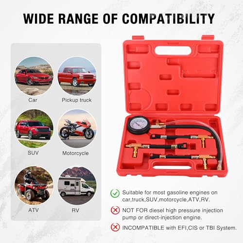 Nilight Fuel Pressure Gauge Tester Kit, 0-100 PSI Fuel Injection Pump Pressure Gauge Petrol Engine Diagnostic Tester for Car Truck Motorcycle SUV ATV RV, 9PCS - color: Basic B