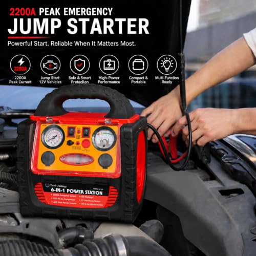 2200 Amp Car Jump Starter with Air Compressor,Portable Power Station with 260 PSI Tire Inflator,400W Power Inverter Dual AC/DC Ports,2.1A USB Port,Battery Clamps