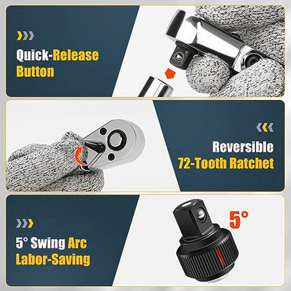 YIYEIE 6-Piece Flex Head Ratchet Set, 1/4", 3/8", 1/2" Drive, Swivel Head Ratchet Wrench with Extension Bar, 72 Tooth, 180° Adjustable, Quick-Release, Flexible Ratchet Handle with EVA Foam - size: 1/4", 3/8", 1/2" Drive, style: 6pcs Flex Head Ratchet Set