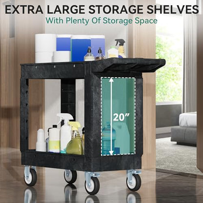 YITAHOME Black Utility Cart on Wheels, 550 lbs Capacity, 40 x 17 Inch | Rolling Work Carts with Wheels, 2 Shelf Heavy Duty Plastic Service Cart Suitable for Warehouse, Garage, School & Office