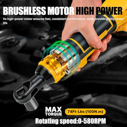 3/8" Cordless Ratchet Wrench,Compatible with DEWALT 20V MAX Battery,73.6 Ft-Lbs (100N.m) Brushless Electric Wrench Ratchet with Variable Speed Trigger,7 Sockets,1/4" Adaptor,3" Extension Bar