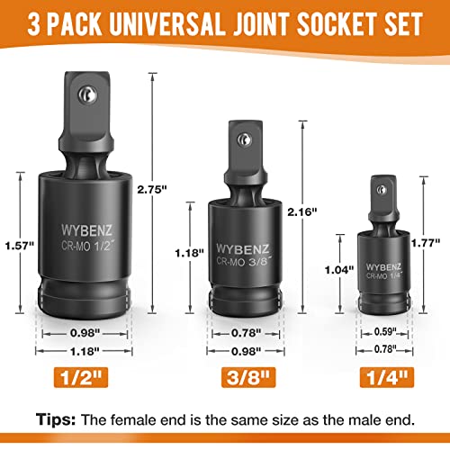 3 Pcs Universal Joint Swivel Socket Adapter Set 1/4",3/8"& 1/2"Drivers,U-Joint Drive CR-MO Impact Grad Wobble Socket Wrench Set - style: 3 Pcs Swivel Socket Adapter