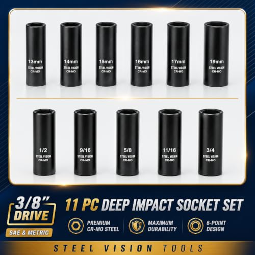 Steel Vision 11 pc 3/8 in Drive Deep Impact Socket Set,SAE & Metric， 6Point, Chrome vanadium steel，13 Pieces 3/8" Dr. Socket - size: 3/8"_11pc