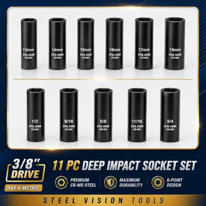 Steel Vision 11 pc 3/8 in Drive Deep Impact Socket Set,SAE & Metric， 6Point, Chrome vanadium steel，13 Pieces 3/8" Dr. Socket - size: 3/8"_11pc