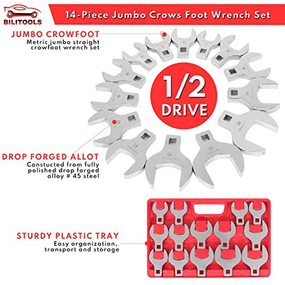 BILITOOLS 14-Piece Jumbo Crows Foot Wrench Set and Long Flex Head Crows Foot Line Wrench Set