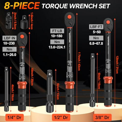 Upgraded Torque Wrench Set 8PCS, 1/4 3/8 1/2 inch Drive Click Torque Wrench, 10-230in.lb, 5-50ft.lb, 10-180ft.lb, 72-Tooth Dual Scale, ±3% Accuracy, 5 Adapters, for Bike, Moto, Car Repair and Maint - size: 1/2 3/8 1/4-inch (8pcs)