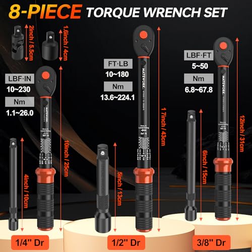 Upgraded Torque Wrench Set 8PCS, 1/4 3/8 1/2 inch Drive Click Torque Wrench, 10-230in.lb, 5-50ft.lb, 10-180ft.lb, 72-Tooth Dual Scale, ±3% Accuracy, 5 Adapters, for Bike, Moto, Car Repair and Maint - size: 1/2 3/8 1/4-inch (8pcs)