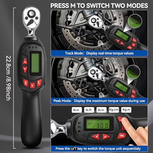 DISEN 1/4 inch Digital Torque Wrench Set with 13pcs Sockets & Extension Bar, 5-25 N.m / 3.7-18.4 Ft.lb, ±2% Accuracy, 3 Modes (Track/Peak/Pre), 5 Units, LED & Buzzer, for Auto Motorcycle Bike DIY - size: 1/4 inch