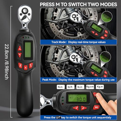 DISEN 1/4 inch Digital Torque Wrench Set with 13pcs Sockets & Extension Bar, 5-25 N.m / 3.7-18.4 Ft.lb, ±2% Accuracy, 3 Modes (Track/Peak/Pre), 5 Units, LED & Buzzer, for Auto Motorcycle Bike DIY - size: 1/4 inch