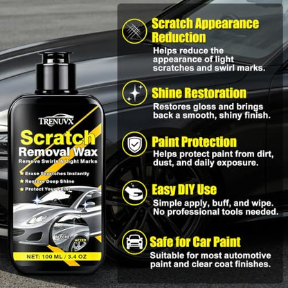 Car Scratch Remover, Scratch Remover for Vehicles, Scratch Removal Wax, Car Paint Scratch Repair, Helps Reduce Minor Scratches and Swirl Marks, Restores Gloss and Shine, 3.4 fl oz/100ml