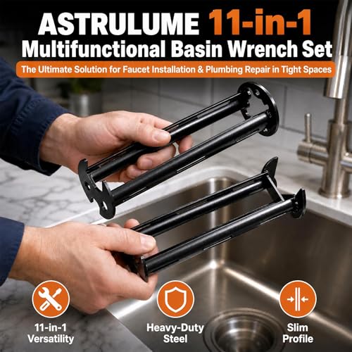 2 Pcs Multifunctional Basin Wrench Set, 11-in-1 Faucet Tool for Tight Spaces, Universal Sink Nut Spanner for Kitchen Bathroom Plumbing Repair