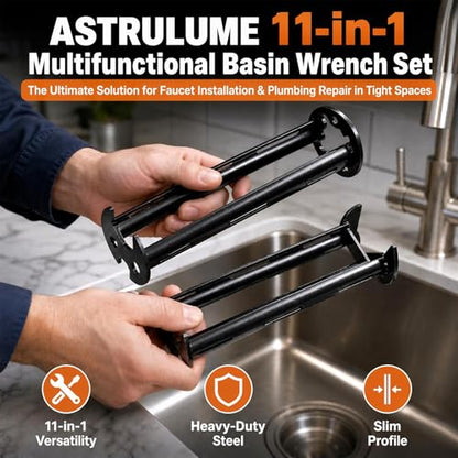 2 Pcs Multifunctional Basin Wrench Set, 11-in-1 Faucet Tool for Tight Spaces, Universal Sink Nut Spanner for Kitchen Bathroom Plumbing Repair