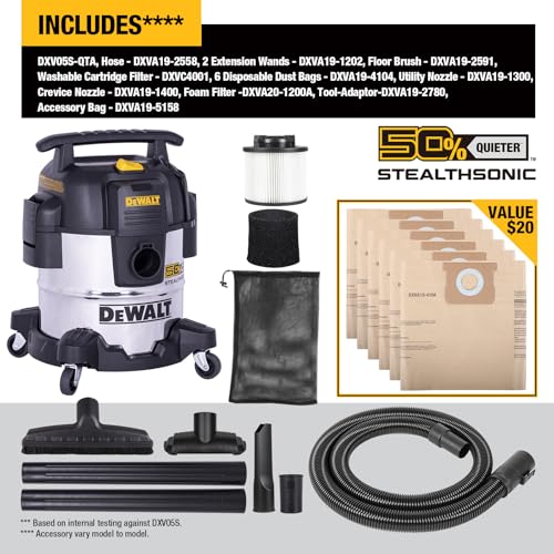 DEWALT 5 Gallon Stealthsonic Shop Vacuum Wet and Dry, 4 Peak HP Shop Vac | Ultra-Quiet Stainless Steel Wet Dry Vac, Heavy-Duty Vacuum Cleaner with 6 Dust Bages for Home, Workshop, Garage, Car - size: 5 Gallon (6 Dust Bag)