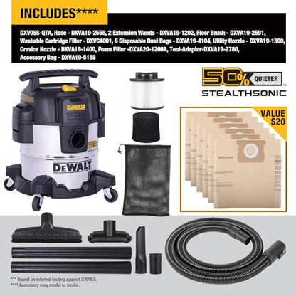DEWALT 5 Gallon Stealthsonic Shop Vacuum Wet and Dry, 4 Peak HP Shop Vac | Ultra-Quiet Stainless Steel Wet Dry Vac, Heavy-Duty Vacuum Cleaner with 6 Dust Bages for Home, Workshop, Garage, Car - size: 5 Gallon (6 Dust Bag)