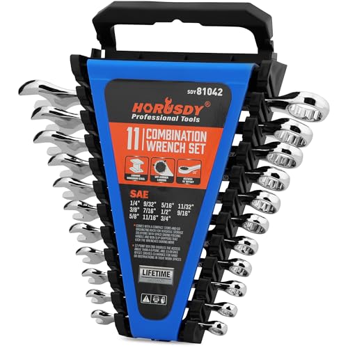 HORUSDY 11-Piece SAE Combination Wrench Set, 1/4''–3/4'' 12-Point Open End and Box End Wrench Kit with Organizer, Chrome Vanadium Steel Tools for Mechanics, Garages and Workshops - style: 11-Piece SAE Wrench Set