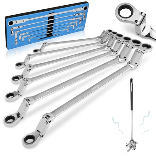 DISEN Double Jointed Extra Long Flex Head Ratchet Wrench Set, 6 PCS Metric 8-19mm Box End Ratcheting Wrench with a Magnetic Pickup Tool Kit, 72-Teeth, Cr-V Steel,12 Point Combination Wrench set - size: Silver Double Jointed SET