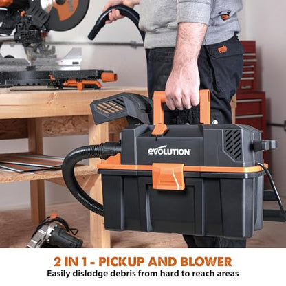 Evolution R15VAC 4-Gallon Wet Dry Shop Vac with Accessories | Heavy-Duty Vacuum & Blower | 70 CFM Airflow | Bagless Shop Vacuum for Jobsite Garage & Workshop | On-Board Storage | Compact & Portable