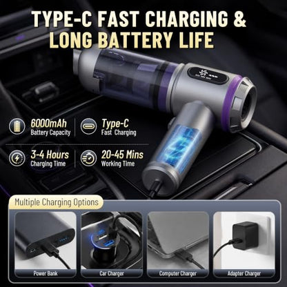 Car Vacuum,Handheld Vacuum,20000PA High Power,3 Speed Vacuum for Car | Rechargeable Vacuum with Brushless Motor,Air Blower & Pump - color: Silver and Purple