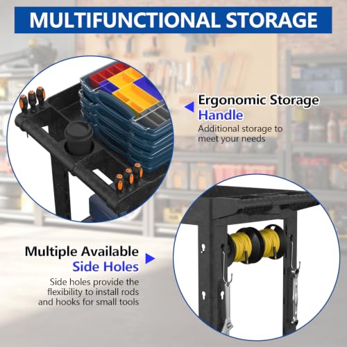 Large Garage Plastic Utility Cart, Heavy Duty 2 Shelf Tool Cart Service Cart Rolling Push Carts with Ergonomic Handle 5" Swivel Casters. - color: Black, size: 34 x 17 Inch