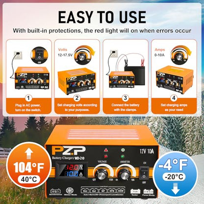 PZP 12V Manual Battery Charger Maintainer, 0 to 10A Arbitrarily Adjustable Car Battery Trickle Charger, Battery Desulfator with Repair, Winter Mode, Suitable for Lawn Mower, AGM, Deep Cycle Batteries - color: Tangerine