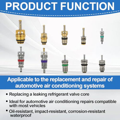 102Pcs Auto Air Conditioning Valve Core Accessories Kit A/C R12 R134a Automotive Air Conditioning Refrigeration Tire Valve Stem with Double Head Dismantling and Installer Tool Assortment Kit