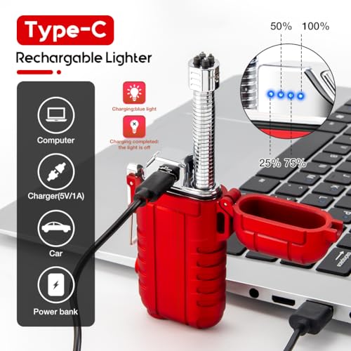 LcFun Electric Dual Arc Lighter USB Rechargeable, Windproof Plasma Lighters with LED Battery Indicator, Waterproof Flashlight Lighter with Whistle Lanyard for Camping, Survival Gear Gifts for Men - color: Red Pro