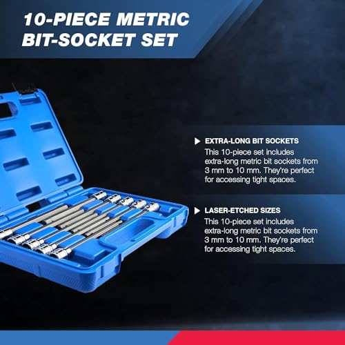 Neiko 10077A 3/8” Drive Metric Extra Long Allen Hex Bit Socket Set | 10 Pieces | Sizes 3mm – 10mm | Shaft Length 6” | Premium S2 Steel Bits | Heavy Duty Cr-V Sockets | Exceeds ANSI Standards - style: Metric