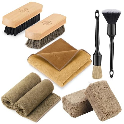 Fantasticlean Car Interior Detailing Kit, Leather Cleaner Brush Set, 9PCS | Car Interior Brush Kit, Horse Hair Leather Brush for Car Detailing, Scratch-Free Leather Cleaner Applicator, Cleaning Cloth - size: IT-ACS04-NT