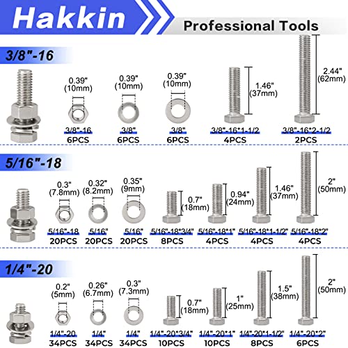 Hakkin Hex Bolts and Nuts Kit 1/4-20, 5/16-18, 3/8-16, 10 SAE Sizes 304 Stainless Steel Nuts and Bolts Assortment with Flat & Lock Washers, 240PCS Full Thread with Case, for Home, Automotive, Marine - size: 240PCS 1/4-20 5/16-18 3/8-16 Hex Bolts Silver