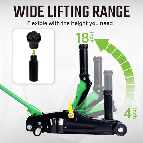 2 Ton (4,400 lbs) Hydraulic Trolley Floor Jack with Wrench Sockets, Quick Lift, Heavy-Duty Steel Construction, Adjustable Height Extension Adapter for Sedans, Trucks, SUVs & ATVs