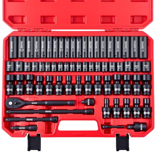 67-Piece 3/8” Impact Socket Set, SAE & Metric, CR-V & CR-Mo, Shallow/Deep/Swivel Sockets, Ratchet, Extension Bars & Adapters, Heavy-Duty Socket Set for Mechanics