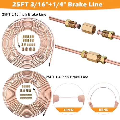 25FT 3/16" & 1/4" Copper Coated Brake Line Flaring Tool Kit Fit Fuel System | with 32 Fittings and 8 Unions Brake Line Fittings, Black Line Double & Single Flaring Tool Kit