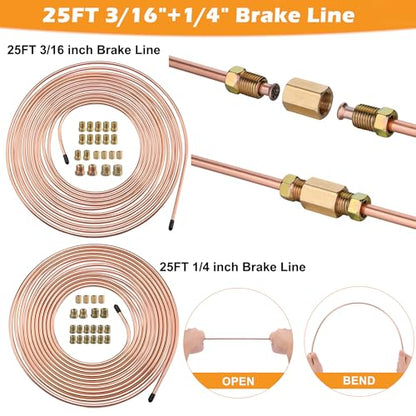 25FT 3/16" & 1/4" Copper Coated Brake Line Flaring Tool Kit Fit Fuel System | with 32 Fittings and 8 Unions Brake Line Fittings, Black Line Double & Single Flaring Tool Kit