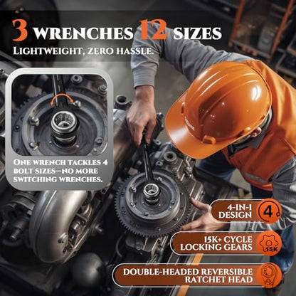 SUZUME 4 in 1 Reversible Double Box End Ratcheting Wrench set 3PCS SAE | 5/16,1/4,9/32,11/32 & 7/16,3/8,1/2,5/8 & 5/8,9/16,11/16,3/4-inch CR-V Steel for Cars Trucks SUVs and Vans Moto Bike Repair - size: SAE