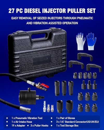 INCENDIOS 27PCS Diesel Injector Puller Set, Pneumatic Air-Powered Removal Tool | Injector Extractor Compatible with Bosch Delphi Siemens Denso, 600N Force, 5-8 Bar, 19 Adapters, 3 Hooks&US UK EU Connectors - size: 27PC