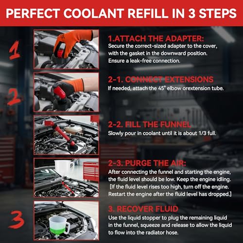 20-Piece No-Spill Coolant Funnel Kit, Universal Radiator Burping Funnel with with 59" Long Hose, Adapters, Extensions, Elbows, Bleeder Tool for Car, SUV, Truck Cooling System Refill