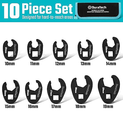 DURATECH 10-Piece 3/8" Drive Crowfoot Wrench Set, Flare Nut Wrench Set, Metric, Size Covers 10-19mm, CR-V Steel, with Zipper Bag - size: Metric, style: Flare nut