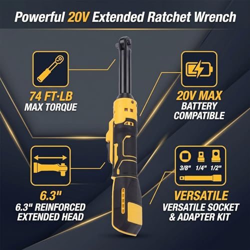 Goshyda Cordless Ratchet Wrench in Electric Wrench 74ft Lbs Torsion with 6 3 Inch Reinforced Head and Adapters for Automotive Repair Tight Spaces