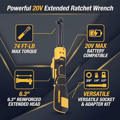 Goshyda Cordless Ratchet Wrench in Electric Wrench 74ft Lbs Torsion with 6 3 Inch Reinforced Head and Adapters for Automotive Repair Tight Spaces