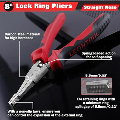 8 Inch Lock Ring Pliers - Special Circlip Pliers with Reverse Angle Tip and Straight Nose - size: 8" Straight Nose