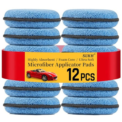 Sukh 12 Pack Microfiber Applicator Pads - 4.72 Inch Car Wax Applicator Pads | Round Blue Foam Sponges for Car Waxing, Buffing and Fine Polishing, Ultra Soft High Density Auto Detailing Supplies Set - color: Blue