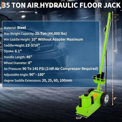 GarveeTech 35 Ton Air Hydraulic Floor Jack for Heavy Duty Trucks & Tractors – Low Profile (10"-21.19"), 4 Adapters, 46" Adjustable Handle – 77,000 lbs Capacity - color: 35 Ton Green