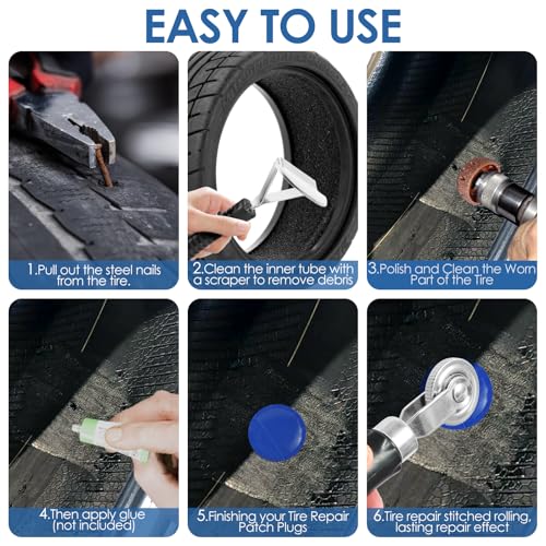 33 Pcs Tire Patch Roller Kit, Tire Rubber Repair Patch Kit with Roller Scraper Heavy Duty Tire Tube Patch Kit (32mm/ 42mm/ 58mm) Portable Tire Repair Tools for Car Truck Tractor Off Road Bike Grinding