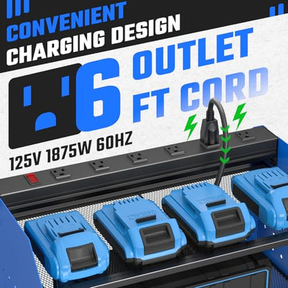 ZESEN Power Tool Organizer with Charging Station, Heavy Duty 4 Layer Drill Holder Wall Mount Garage Shelf Rack with 6 Outlet Power Strip, Tool Shelf with Hooks, Drill Bit Rack for Garage, Blue - color: Blue