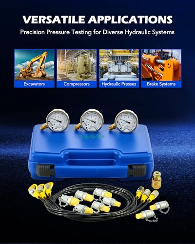OMT Hydraulic Pressure Test Kit with 3 Gauges Up to 9000 PSI, 3 Hoses | Stainless Steel Dials; Glycerin Shockproof Display; Excavator Diagnostics; Heavy Equipment Repair; 8 Versatile Fittings - size: 3500 5500 9000 Psi