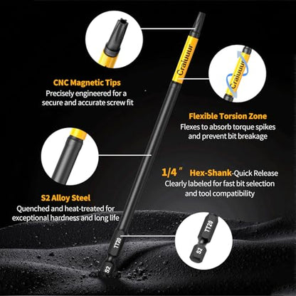 14PCS Impact Long Torx Bit Set, 6-Inch, T7–T40, Tamper Proof Star Bits Set, Magnetic Security Torx Bit Set with 1/4 Inch Hex Shank, S2 Steel, Ideal for Automotive, DIY, Electronics
