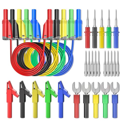 Goupchn 5PCS 4mm Safety Shrouded Banana Plug Silicone Test Leads Kit | Fully Insulated, Stackable Banana Plug, Alligator Crocodile Clips, Test Fork Back Probe Pins, For Multimeter - color: Five Colors, size: Test Leads Kit