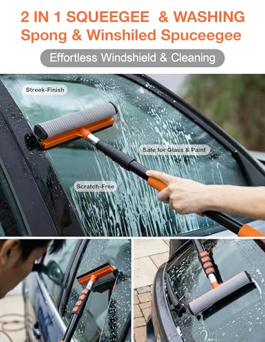 17ft Telescopic Pole with Car Wash Brush and Window Squeegee Kit, 3-12 ft Extension Pole, Bristles Wash Brush, Chenille Mop & Wash Mitt, Wheel Brush for Outdoor Cleaning Supplies for Roof, RV, Truck