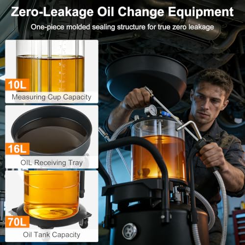 Oil Drain Container, Waste Oil Drain Tank, Black, 18.5 Gallon | Upgraded Design, Pneumatic Oil Drainer, Oil Lift Drain and Extractor, Air Operated Drainer, For Oil Change - color: Black 18.5 Gallon