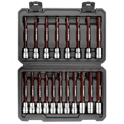 LLNDEI 3/8-Inch Drive Extra Long Allen Hex Bit Socket Set 19PCS- Standard SAE & Metric (1/8"-3/8", 3-12mm), CR-V&S2 Alloy Steel, Durable Tool Accessories Kit for Mechanics